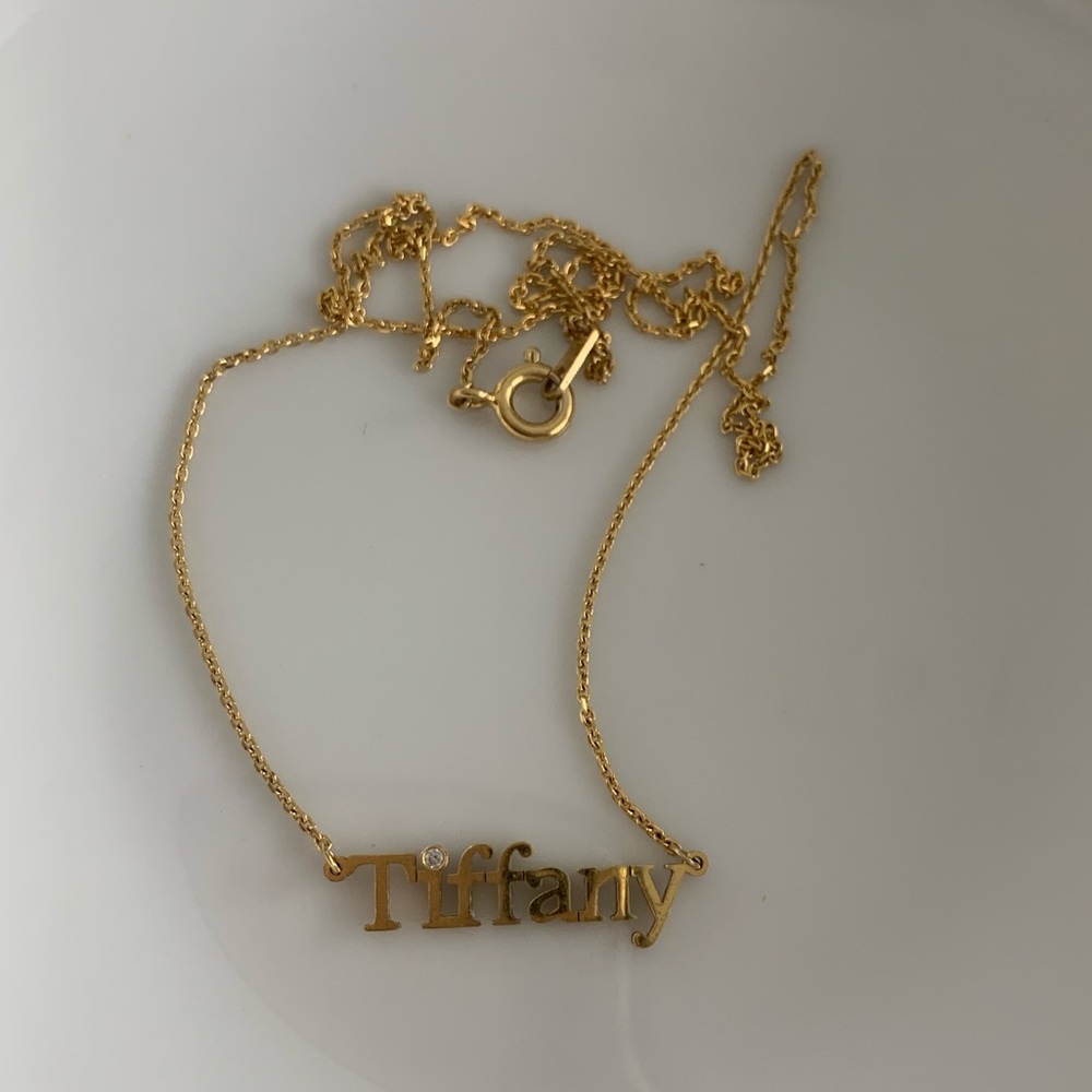Gold “Tiffany” name plate necklace